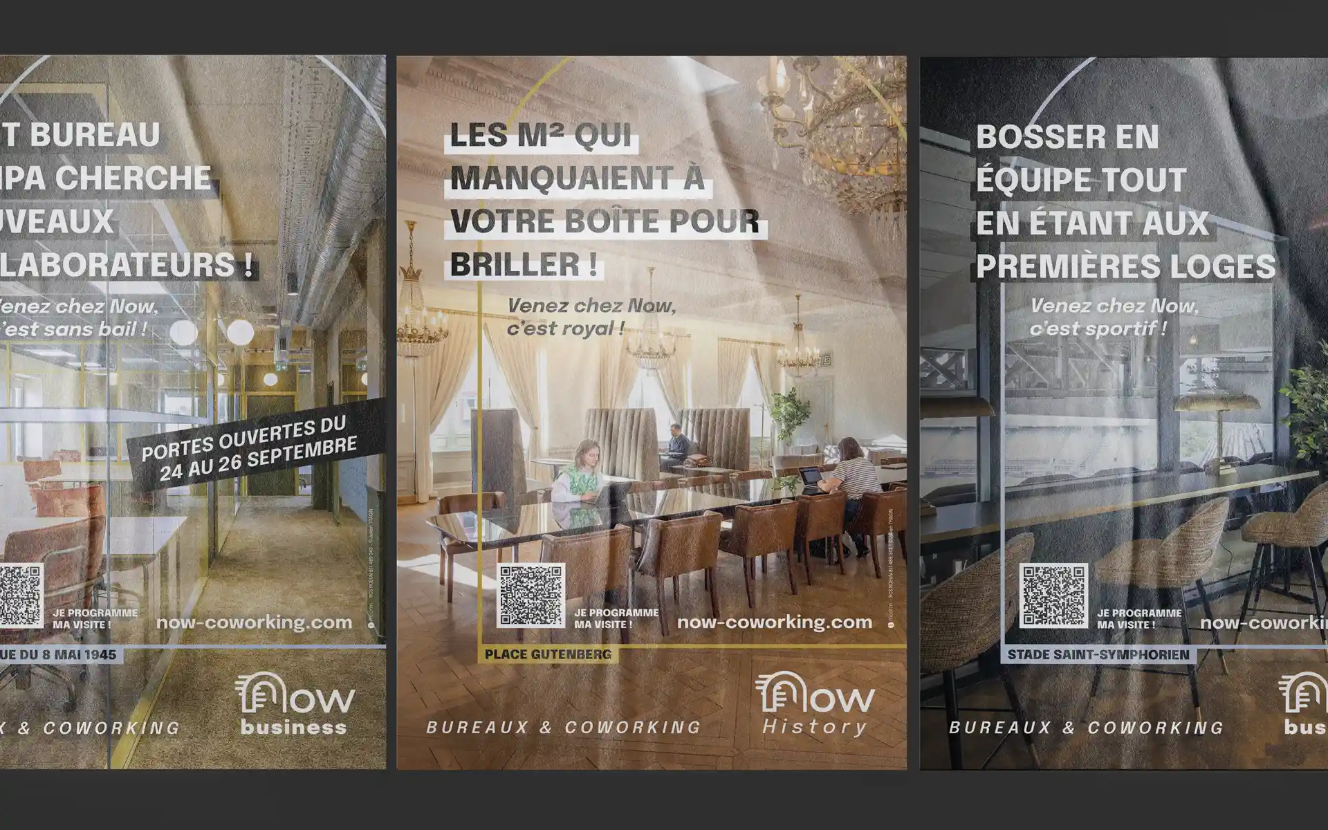 Collage façon urbain de trois affiches publicitaires pour le réseau de coworking Now pour Metz et Strasbourg